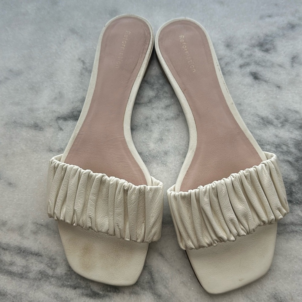 Reformation Marcella ruched white sandals